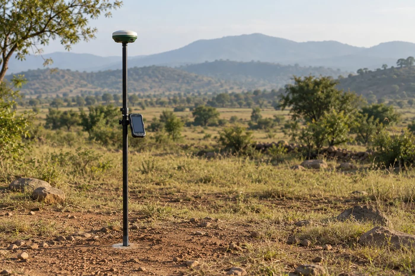 Illustrative DGPS GNSS rover receiver on a survey pole in open terrain